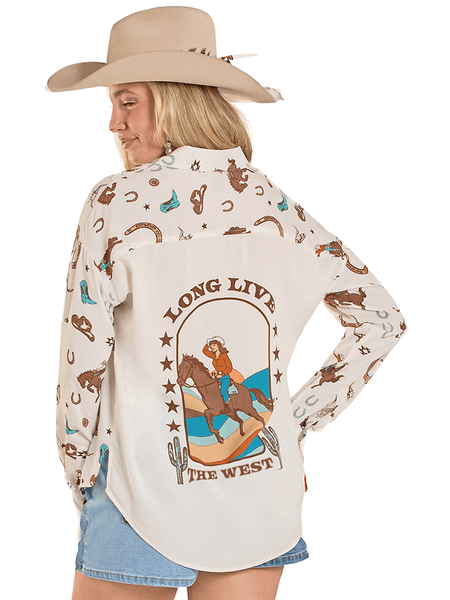 Rock & Roll Denim BWB2S08133 Womens Printed Long Sleeve Shirt White back view. If you need any assistance with this item or the purchase of this item please call us at five six one seven four eight eight eight zero one Monday through Saturday 10:00a.m EST to 8:00 p.m EST