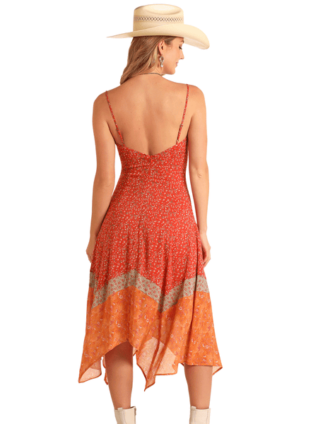 Rock & Roll Denim BWD0R05891 Womens Handkerchief Midi Dress Rust back view. If you need any assistance with this item or the purchase of this item please call us at five six one seven four eight eight eight zero one Monday through Saturday 10:00a.m EST to 8:00 p.m EST