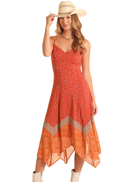 Rock & Roll Denim BWD0R05891 Womens Handkerchief Midi Dress Rust front view. If you need any assistance with this item or the purchase of this item please call us at five six one seven four eight eight eight zero one Monday through Saturday 10:00a.m EST to 8:00 p.m EST