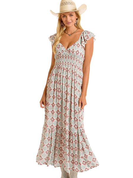 Rock & Roll Denim BWD0R06285 Womens Printed Maxi Dress Natural front view. If you need any assistance with this item or the purchase of this item please call us at five six one seven four eight eight eight zero one Monday through Saturday 10:00a.m EST to 8:00 p.m EST