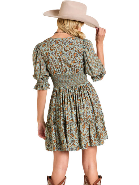 Rock & Roll Denim BWD1R06957 Womens Mixed Print Mini Dress Olive back view. If you need any assistance with this item or the purchase of this item please call us at five six one seven four eight eight eight zero one Monday through Saturday 10:00a.m EST to 8:00 p.m EST