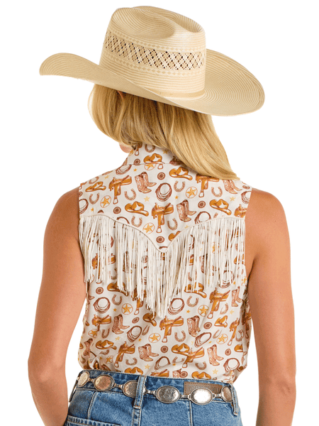Rock & Roll Denim BWN0S06281 Womens Sleeveless Coversational Snap Fringe Shirt Natural back view. If you need any assistance with this item or the purchase of this item please call us at five six one seven four eight eight eight zero one Monday through Saturday 10:00a.m EST to 8:00 p.m EST