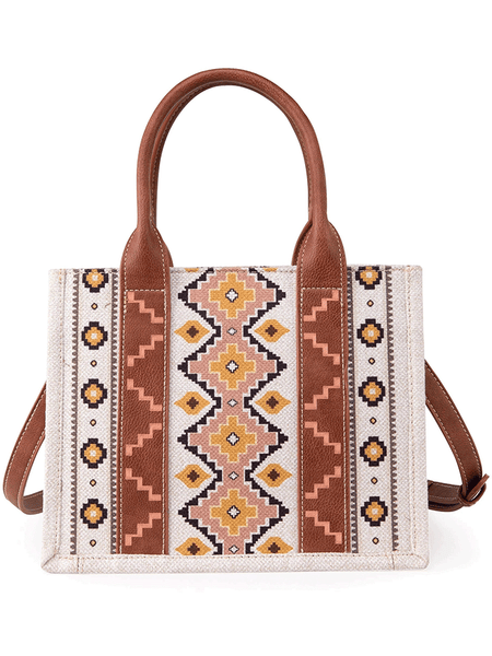 Wrangler WG2202-8120SCF Womens Southwestern Print Small Canvas Tote Crossbody Coffee back view. If you need any assistance with this item or the purchase of this item please call us at five six one seven four eight eight eight zero one Monday through Saturday 10:00a.m EST to 8:00 p.m EST
