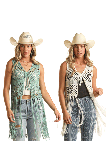 Rock & Roll Denim RRWT38R0ZG Womens Crochet Fringe Vest In Cream Or Turquoise front view. If you need any assistance with this item or the purchase of this item please call us at five six one seven four eight eight eight zero one Monday through Saturday 10:00a.m EST to 8:00 p.m EST