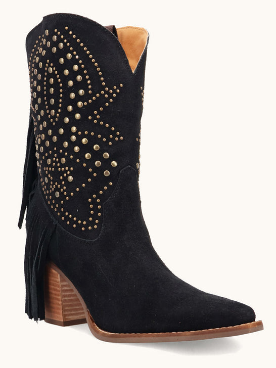 Dingo DI2357-BK Womens Star Power Suede Leather Bootie Black front and side view. If you need any assistance with this item or the purchase of this item please call us at five six one seven four eight eight eight zero one Monday through Saturday 10:00a.m EST to 8:00 p.m EST