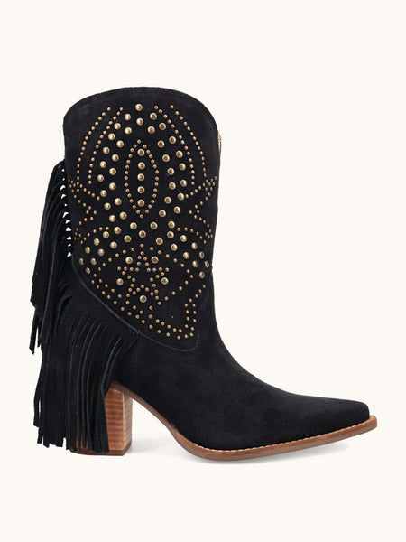 Dingo DI2357-BK Womens Star Power Suede Leather Bootie Black side view. If you need any assistance with this item or the purchase of this item please call us at five six one seven four eight eight eight zero one Monday through Saturday 10:00a.m EST to 8:00 p.m EST