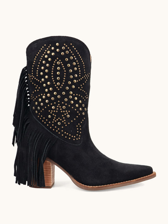 Dingo DI2357-BK Womens Star Power Suede Leather Bootie Black side view. If you need any assistance with this item or the purchase of this item please call us at five six one seven four eight eight eight zero one Monday through Saturday 10:00a.m EST to 8:00 p.m EST