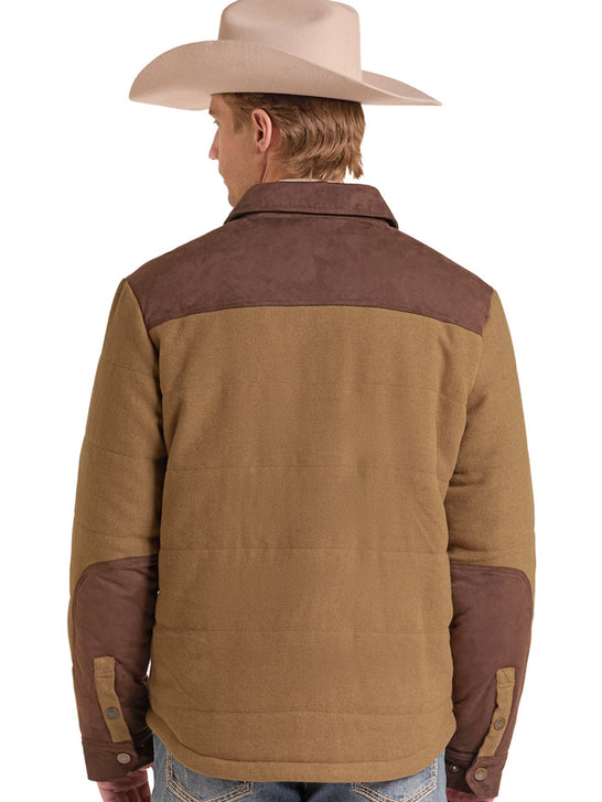 A man wearing a tan and brown western-style jacket, viewed from the back, paired with a beige cowboy hat and blue jeans against a white background. If you need any assistance with this item or the purchase of this item please call us at five six one seven four eight eight eight zero one Monday through Saturday 10:00a.m EST to 8:00 p.m EST