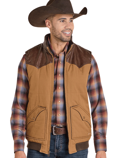 Panhandle DM98C06170 Mens Twill and Leather Puffer Lawman Vest Brown front view. If you need any assistance with this item or the purchase of this item please call us at five six one seven four eight eight eight zero one Monday through Saturday 10:00a.m EST to 8:00 p.m EST