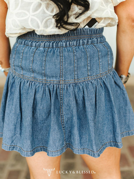 Lucky & Blessed DSK513-MW Womens Elastic Front Tie With Short Lining Skirt Denim back view. If you need any assistance with this item or the purchase of this item please call us at five six one seven four eight eight eight zero one Monday through Saturday 10:00a.m EST to 8:00 p.m EST