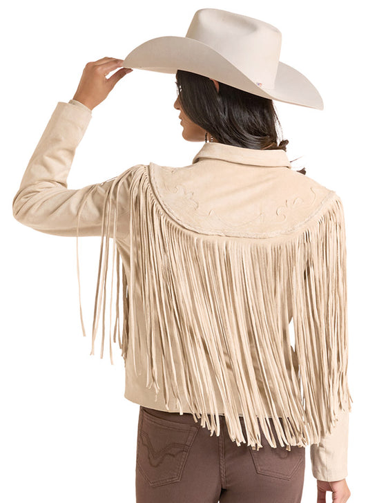A woman shown from the back wearing a light beige fringed leather jacket, a matching cowboy hat, and brown pants, set against a plain white background. If you need any assistance with this item or the purchase of this item please call us at five six one seven four eight eight eight zero one Monday through Saturday 10:00a.m EST to 8:00 p.m EST