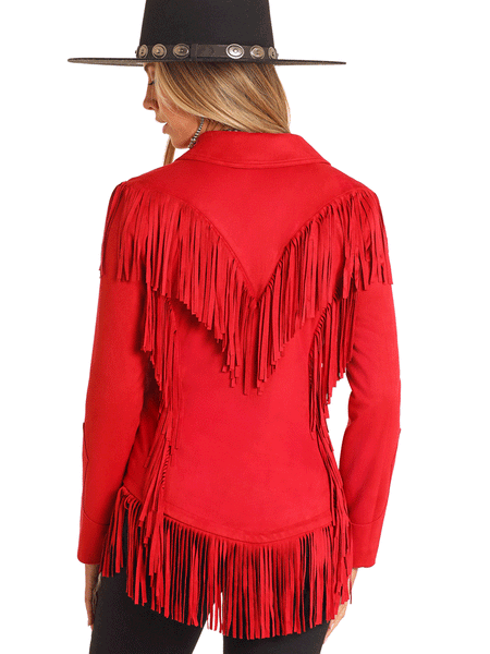 Panhandle DW93C04158 Womens Western Micro Suede Fringe Jacket Red back. If you need any assistance with this item or the purchase of this item please call us at five six one seven four eight eight eight zero one Monday through Saturday 10:00a.m EST to 8:00 p.m EST