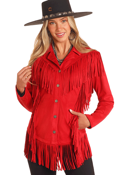 Panhandle DW93C04158 Womens Western Micro Suede Fringe Jacket Red front. If you need any assistance with this item or the purchase of this item please call us at five six one seven four eight eight eight zero one Monday through Saturday 10:00a.m EST to 8:00 p.m EST