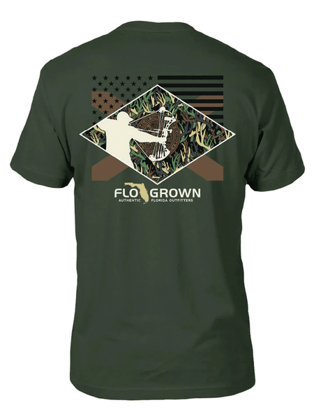 FloGrown FGM1-1058 Mens Bow Season Tee Olive back view. If you need any assistance with this item or the purchase of this item please call us at five six one seven four eight eight eight zero one Monday through Saturday 10:00a.m EST to 8:00 p.m EST