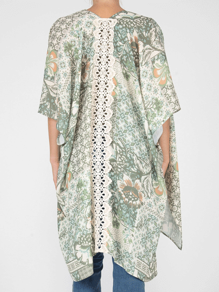 Miss Me MJ0638S Womens Floral Print Kimono With Crochet Trim Green back view close up. If you need any assistance with this item or the purchase of this item please call us at five six one seven four eight eight eight zero one Monday through Saturday 10:00a.m EST to 8:00 p.m EST