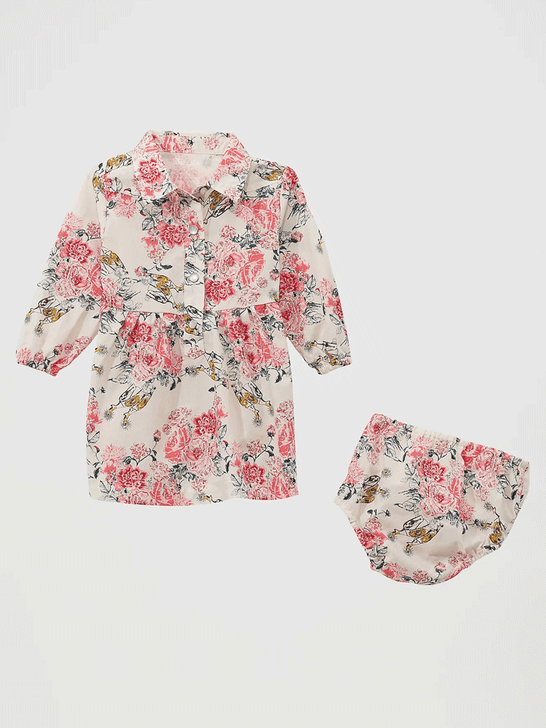 Wrangler 112371853 Little Girls Printed Western Snap Dress Floral White front view. If you need any assistance with this item or the purchase of this item please call us at five six one seven four eight eight eight zero one Monday through Saturday 10:00a.m EST to 8:00 p.m EST