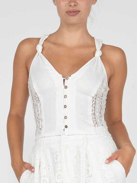 Miss Me MT2819T Womens Knotted Ribbed Tank With Button Details White front view. If you need any assistance with this item or the purchase of this item please call us at five six one seven four eight eight eight zero one Monday through Saturday 10:00a.m EST to 8:00 p.m EST