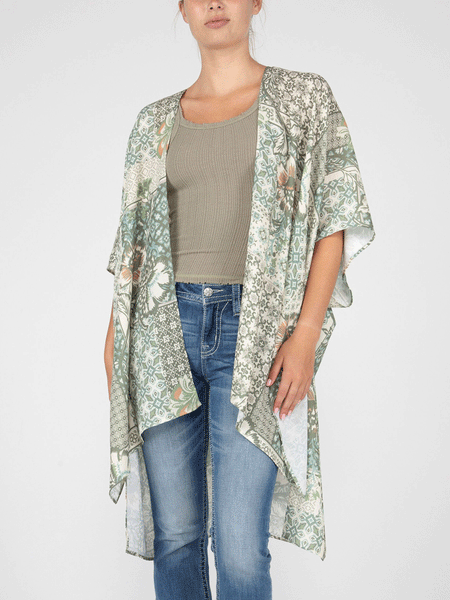 Miss Me MJ0638S Womens Floral Print Kimono With Crochet Trim Green front view close up. If you need any assistance with this item or the purchase of this item please call us at five six one seven four eight eight eight zero one Monday through Saturday 10:00a.m EST to 8:00 p.m EST