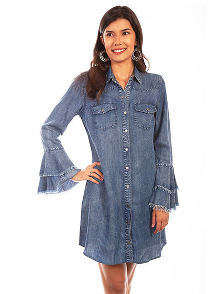 Scully HC619-DEN Womens Long Sleeve Western Yoke Shirt Dress Denim front view. If you need any assistance with this item or the purchase of this item please call us at five six one seven four eight eight eight zero one Monday through Saturday 10:00a.m EST to 8:00 p.m EST