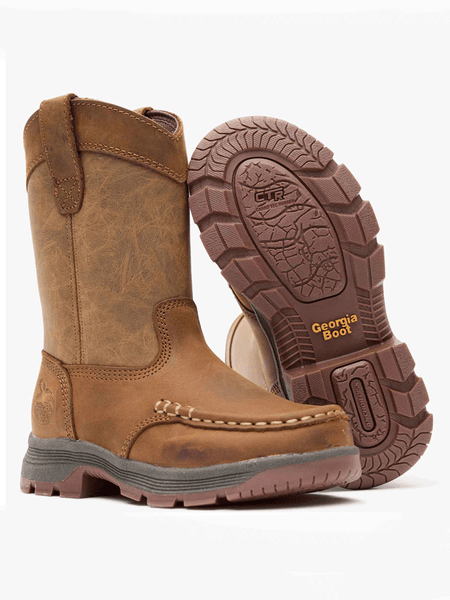 Georgia GB00705C Kids Athens SuperLyte Pull On Boot Tan side / front and sole view. If you need any assistance with this item or the purchase of this item please call us at five six one seven four eight eight eight zero one Monday through Saturday 10:00a.m EST to 8:00 p.m EST