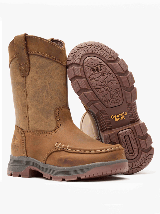 Georgia GB00705C Kids Athens SuperLyte Pull On Boot Tan side / front and sole view. If you need any assistance with this item or the purchase of this item please call us at five six one seven four eight eight eight zero one Monday through Saturday 10:00a.m EST to 8:00 p.m EST