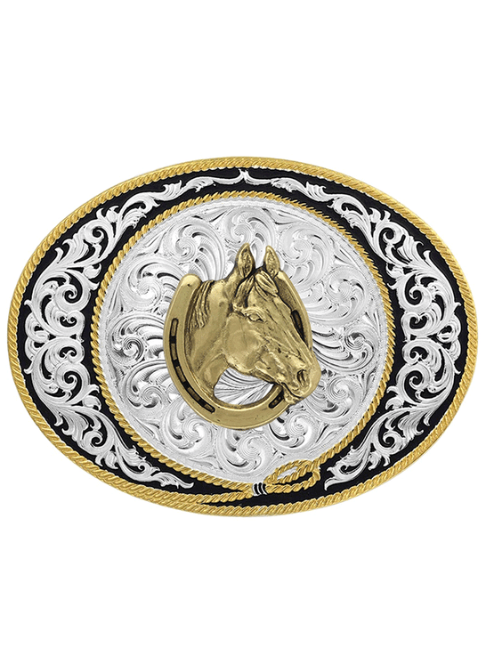 Montana Silversmiths 6190-642 Horse Head In Horse Shoe Buckle Silver front view. If you need any assistance with this item or the purchase of this item please call us at five six one seven four eight eight eight zero one Monday through Saturday 10:00a.m EST to 8:00 p.m EST