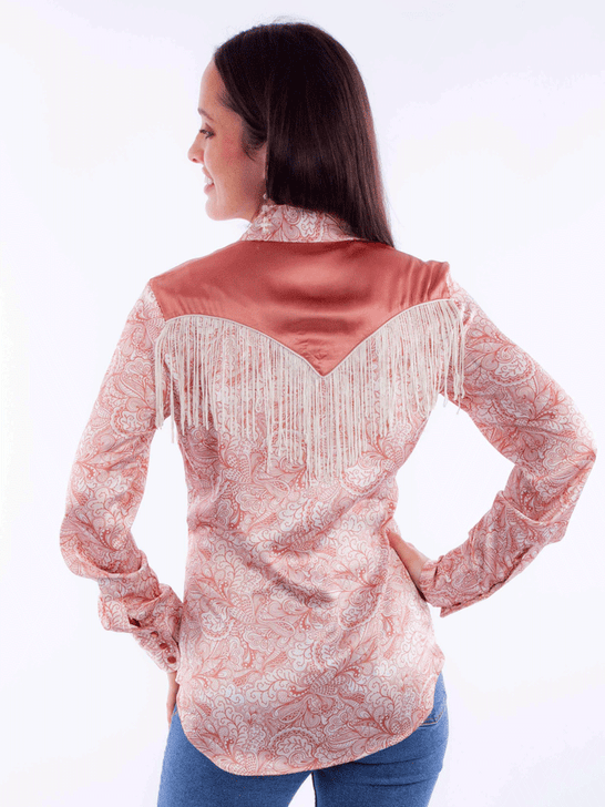 Scully HC928-PCH Womens Print Western Fringe Shirt Peach back view. If you need any assistance with this item or the purchase of this item please call us at five six one seven four eight eight eight zero one Monday through Saturday 10:00a.m EST to 8:00 p.m EST