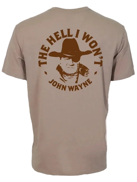 Hooey HT2658TN Mens John Wayne The Hell I Wont T-Shirt Tan back view. If you need any assistance with this item or the purchase of this item please call us at five six one seven four eight eight eight zero one Monday through Saturday 10:00a.m EST to 8:00 p.m EST
