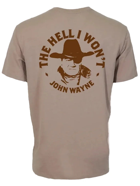Hooey HT2658TN Mens John Wayne The Hell I Wont T-Shirt Tan back view. If you need any assistance with this item or the purchase of this item please call us at five six one seven four eight eight eight zero one Monday through Saturday 10:00a.m EST to 8:00 p.m EST