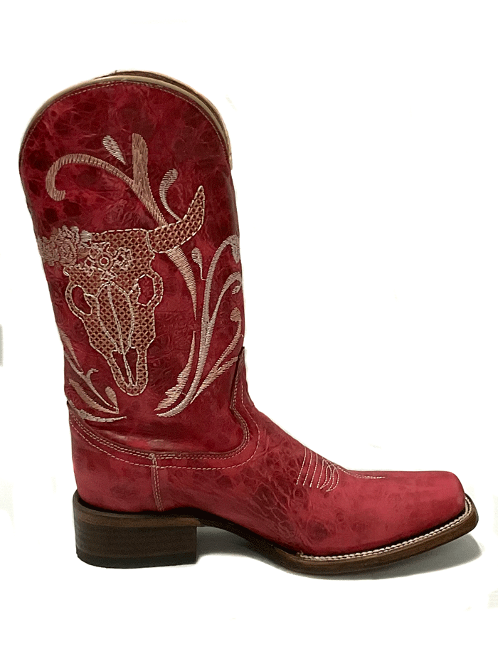 Circle G L5989 Ladies Red Bull Embroidery Square Toe Boots Red front and side view. If you need any assistance with this item or the purchase of this item please call us at five six one seven four eight eight eight zero one Monday through Saturday 10:00a.m EST to 8:00 p.m EST