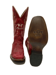 Circle G L5989 Ladies Red Bull Embroidery Square Toe Boots Red front ansd sole view. If you need any assistance with this item or the purchase of this item please call us at five six one seven four eight eight eight zero one Monday through Saturday 10:00a.m EST to 8:00 p.m EST