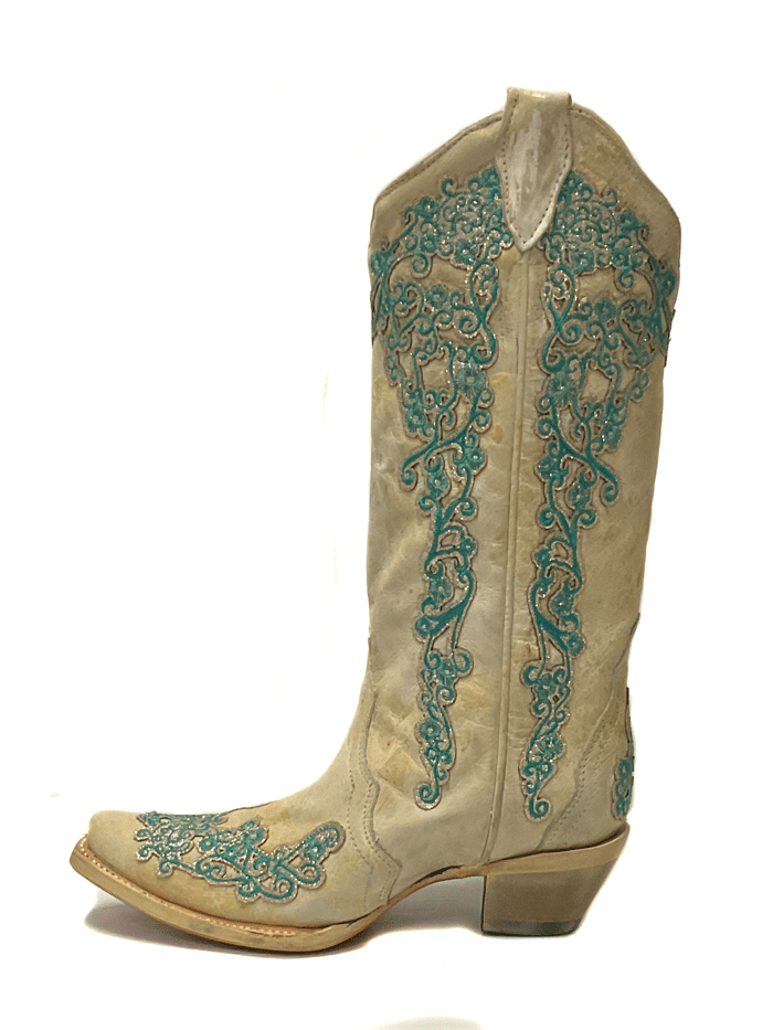 Corral A4368 Ladies Overlay And Embroidery Glitter Snip Toe Boots Bone front and side view. If you need any assistance with this item or the purchase of this item please call us at five six one seven four eight eight eight zero one Monday through Saturday 10:00a.m EST to 8:00 p.m EST
