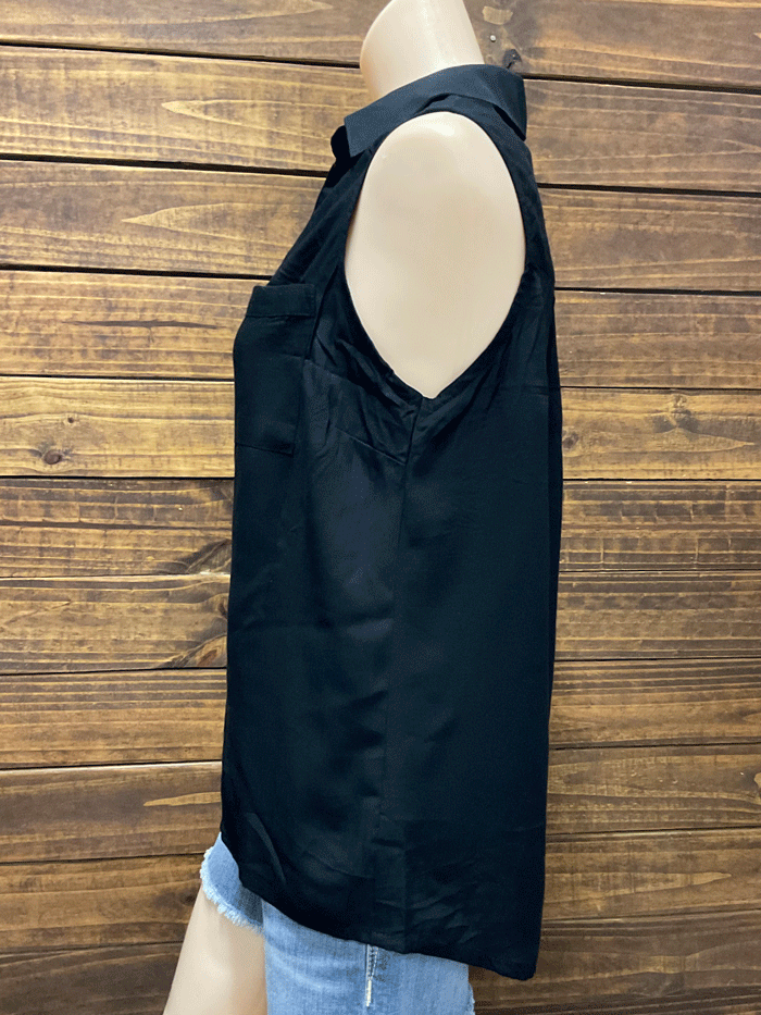 Santiki 5981-1035 Womens Eileen Sleeveless Collar Top Black front view. If you need any assistance with this item or the purchase of this item please call us at five six one seven four eight eight eight zero one Monday through Saturday 10:00a.m EST to 8:00 p.m EST