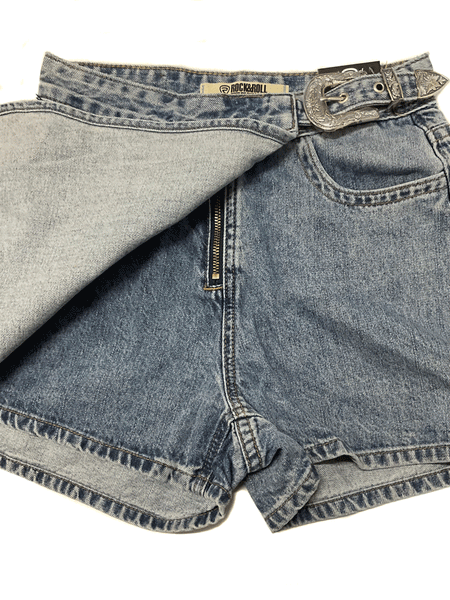 Rock & Roll Denim RRWD68R173 Womens Denim Skort Medium Vintage front view showing short under skirt. If you need any assistance with this item or the purchase of this item please call us at five six one seven four eight eight eight zero one Monday through Saturday 10:00a.m EST to 8:00 p.m EST