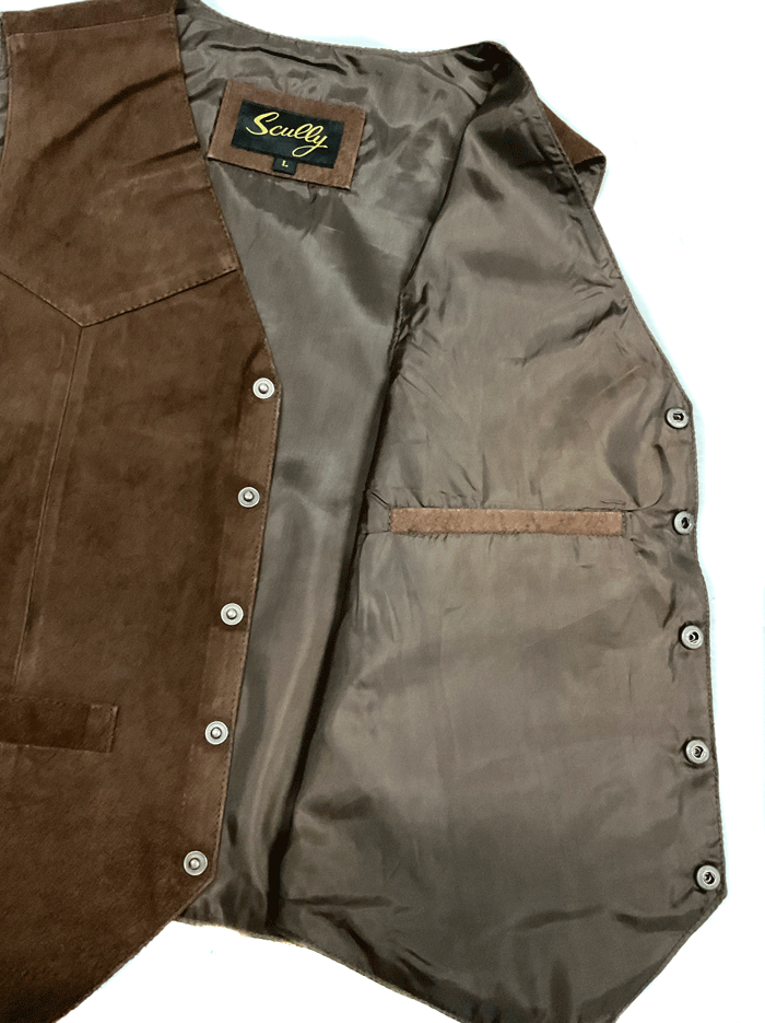 Scully 507-262 Mens Western Lambskin Suede Snap Front Vest Brown front view on model. If you need any assistance with this item or the purchase of this item please call us at five six one seven four eight eight eight zero one Monday through Saturday 10:00a.m EST to 8:00 p.m EST