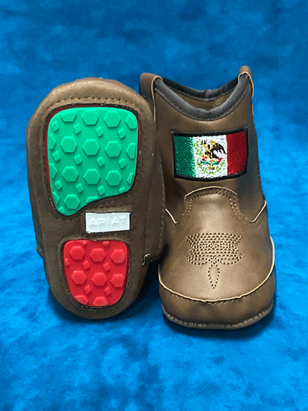 Ariat A442002702 Infants LIL STOMPERS Mexico Flag Boot Brown front and sole view. If you need any assistance with this item or the purchase of this item please call us at five six one seven four eight eight eight zero one Monday through Saturday 10:00a.m EST to 8:00 p.m EST