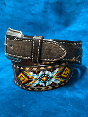 3D D100013402 Mens Buck Lacing Beaded Inlay Belt Brown side view. If you need any assistance with this item or the purchase of this item please call us at five six one seven four eight eight eight zero one Monday through Saturday 10:00a.m EST to 8:00 p.m EST
