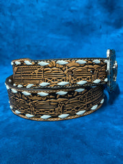 3D D120002908 Kids Floral Embossed White Lacing Belt Tan side view. If you need any assistance with this item or the purchase of this item please call us at five six one seven four eight eight eight zero one Monday through Saturday 10:00a.m EST to 8:00 p.m EST