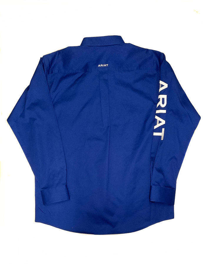 Ariat 10017498 Mens Team Logo Twill Classic Fit Shirt Ultramarine Blue front vie on model. If you need any assistance with this item or the purchase of this item please call us at five six one seven four eight eight eight zero one Monday through Saturday 10:00a.m EST to 8:00 p.m EST