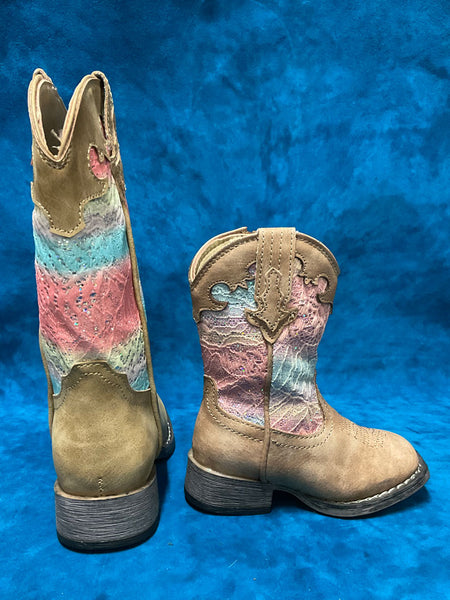 Roper 2801 Kids And Toddlers Glitter Lace Boot Tan back and side view. If you need any assistance with this item or the purchase of this item please call us at five six one seven four eight eight eight zero one Monday through Saturday 10:00a.m EST to 8:00 p.m EST