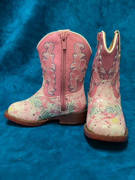 Roper 09-017-1901-2929 Toddlers Glitter Floral Boot Pink zipper side and front view. If you need any assistance with this item or the purchase of this item please call us at five six one seven four eight eight eight zero one Monday through Saturday 10:00a.m EST to 8:00 p.m EST