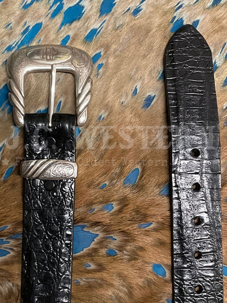 Lucchese W9401 ULTRA BELLY CAIMAN Western Belt Black close up. If you need any assistance with this item or the purchase of this item please call us at five six one seven four eight eight eight zero one Monday through Saturday 10:00a.m EST to 8:00 p.m EST