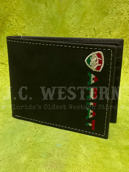 Ariat A3555301 Mens Bifold Mexico Flag Colors Wallet Black front view. If you need any assistance with this item or the purchase of this item please call us at five six one seven four eight eight eight zero one Monday through Saturday 10:00a.m EST to 8:00 p.m EST 