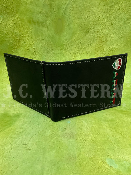 Ariat A3555301 Mens Bifold Mexico Flag Colors Wallet Black front view open. If you need any assistance with this item or the purchase of this item please call us at five six one seven four eight eight eight zero one Monday through Saturday 10:00a.m EST to 8:00 p.m EST