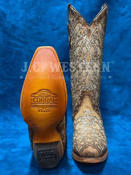 Corral C4051 Ladies Glitter Overlay And Embroidery Triad Boot Saddle front and sole view. If you need any assistance with this item or the purchase of this item please call us at five six one seven four eight eight eight zero one Monday through Saturday 10:00a.m EST to 8:00 p.m EST