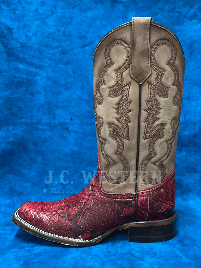 Circle G L6048 Ladies Python Embroidery Square Toe Boot Red front and side view. If you need any assistance with this item or the purchase of this item please call us at five six one seven four eight eight eight zero one Monday through Saturday 10:00a.m EST to 8:00 p.m EST