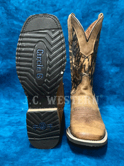 Circle G L6083 Mens Camo Printed Shaft Wide Square Toe Boot Tan front and sole view. If you need any assistance with this item or the purchase of this item please call us at five six one seven four eight eight eight zero one Monday through Saturday 10:00a.m EST to 8:00 p.m EST