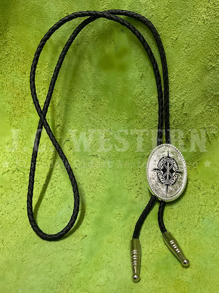 Double S 2270236 Aztec Design Bolo Tie Silver full front view. If you need any assistance with this item or the purchase of this item please call us at five six one seven four eight eight eight zero one Monday through Saturday 10:00a.m EST to 8:00 p.m EST