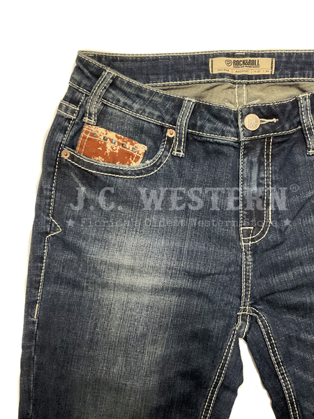 Rock & Roll Denim BW4MD02971 Womens Cowhide Mid Rise Bootcut Jean Dark Vintage close up view of front . If you need any assistance with this item or the purchase of this item please call us at five six one seven four eight eight eight zero one Monday through Saturday 10:00a.m EST to 8:00 p.m EST