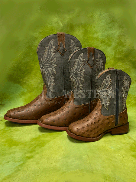 Roper 3378 Kids Faux Ostrich Western Boots Navy And Brown inner side of toddle with zipper and kids without zipper. If you need any assistance with this item or the purchase of this item please call us at five six one seven four eight eight eight zero one Monday through Saturday 10:00a.m EST to 8:00 p.m EST